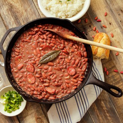 a cast iorn pot of red beans