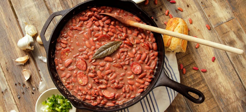 a cast iorn pot of red beans