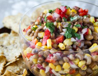 Bowl of Field Peas Salsa served with chips