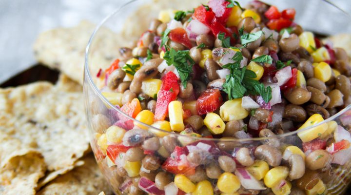 Bowl of Field Peas Salsa served with chips