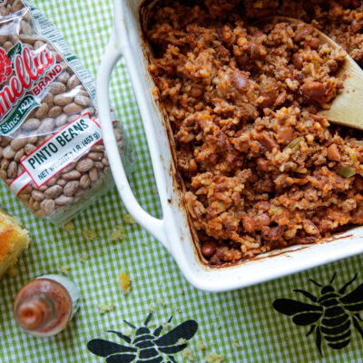 Cowboy Beans and Rice in a serving dish