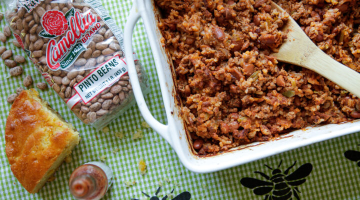 Cowboy Beans and Rice in a serving dish