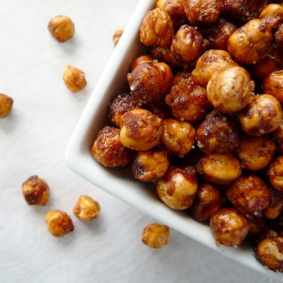 a close up of a plate of crispy cinnamon garbanzo beans