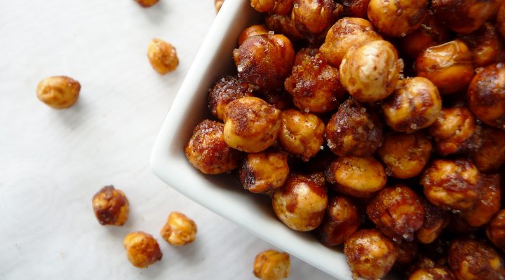 a close up of a plate of crispy cinnamon garbanzo beans