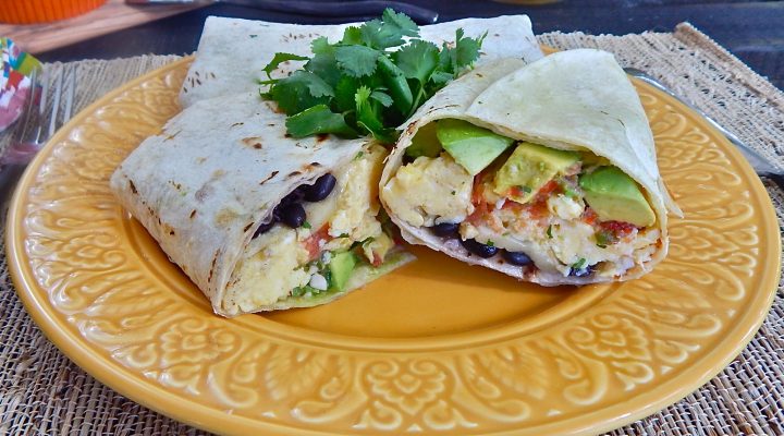 a close up of a plate of Black Bean Breakfast Burritos