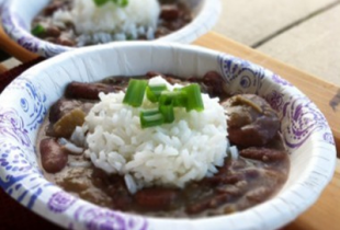 2 bowls of red beans and rice during tailgating