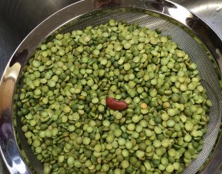 a bowl of green beans with a singular red bean in the middle on top