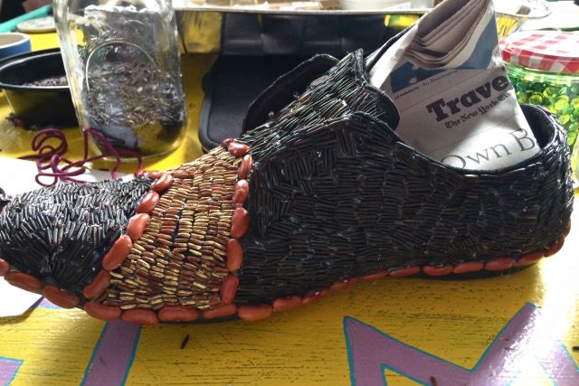 Shoe decorated with Red Beans for the Red Beans Parade