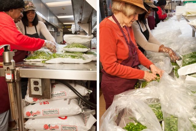 Ingredients for each large pot of Red Beans are prepped and stored in bags - parsley and green onions are being prepared above.