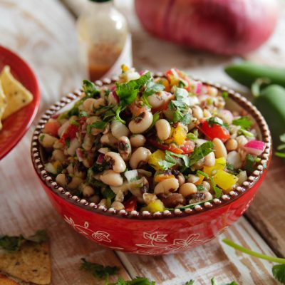 a bowl of cowboy caviar with blackeye peas