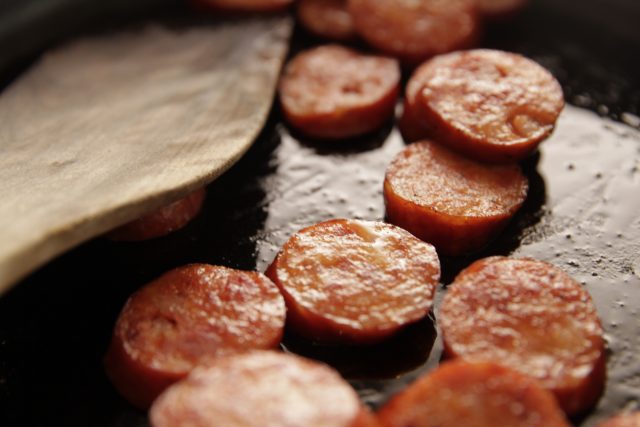 Sliced Andouille Cooking Up Close