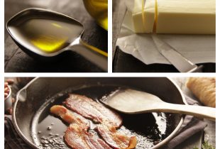 a collage of images for cooking the fats including cooking oil. butter and bacon