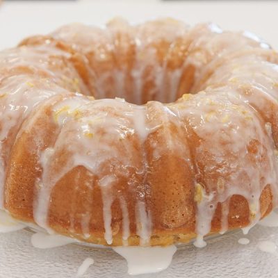 a close up of a Strawberry and Lemon White Bean Bundt Cake