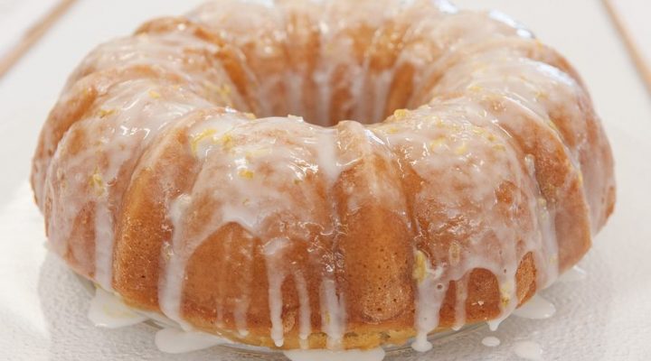 a close up of a Strawberry and Lemon White Bean Bundt Cake