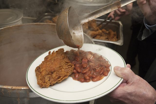 Galatoires Red Beans Supper close up of fried chicken