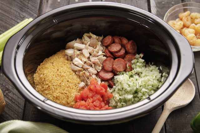 Camellia Jambalaya Dinner Mix + other ingredients in a slow cooker