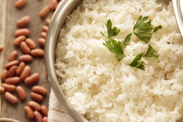 Hot cooked white rice, the perfect complement to red beans