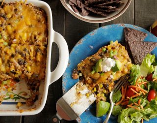 a plate of Smoked Chicken and Black Bean Enchilada Casserole