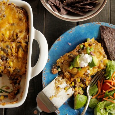 a plate of Smoked Chicken and Black Bean Enchilada Casserole