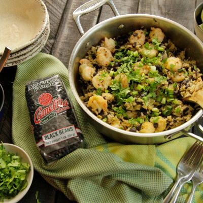 a bowl of Shrimp and Black Bean Skillet Casserole