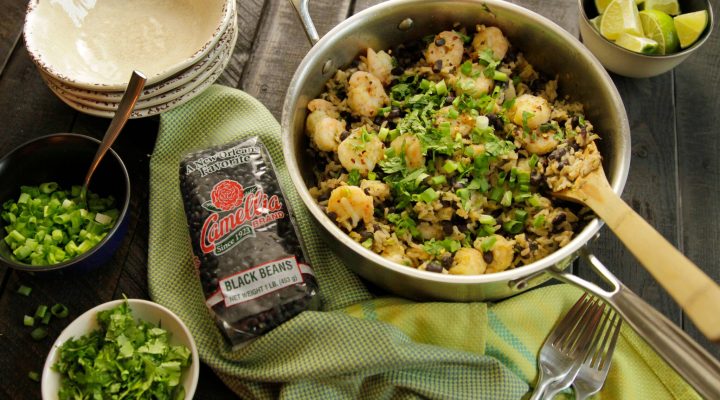 a bowl of Shrimp and Black Bean Skillet Casserole