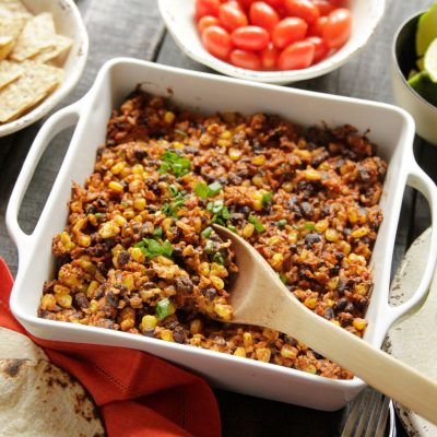 a serving dish Vegetarian Black Bean & Rice Casserole