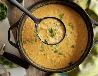 stovetop white bean and chicken meal cooked in a dutch oven