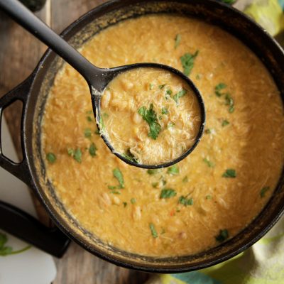 stovetop white bean and chicken meal cooked in a dutch oven