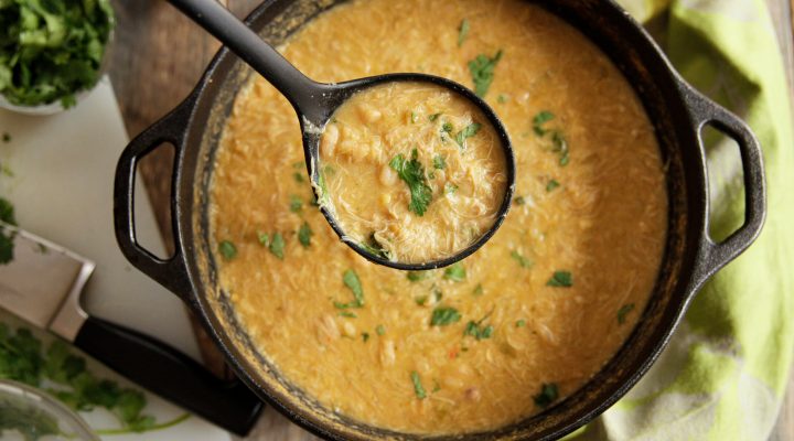 stovetop white bean and chicken meal cooked in a dutch oven