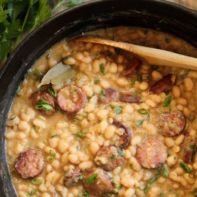 South Louisiana White Beans and Rice in a dutch oven