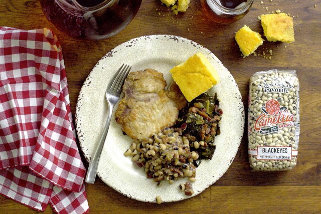 Pan Fried Pork Chops, Blackeye Peas & Collard Greens