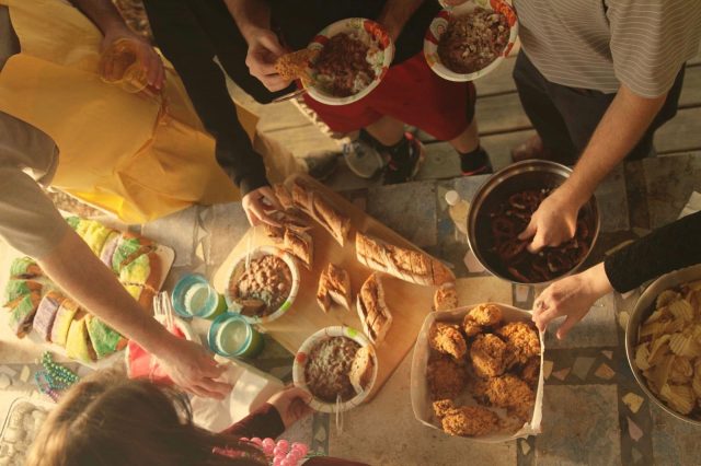 Outdoor Mardi Gras party - buffet spread