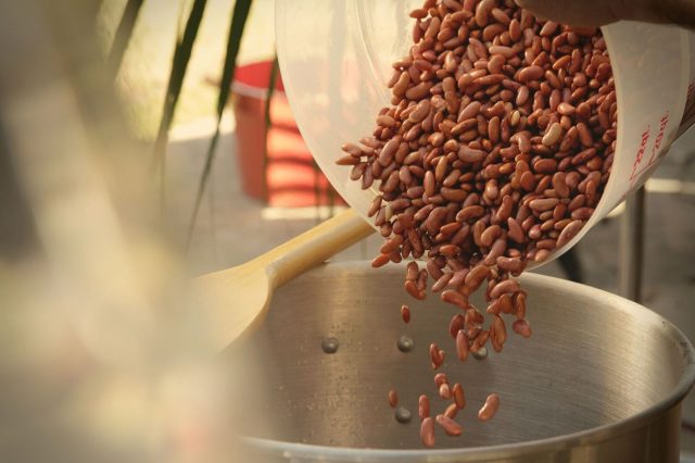 Adding soaked beans to the pot