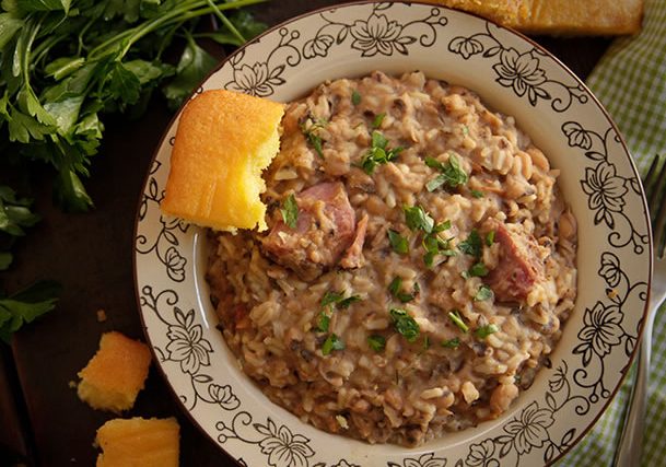 a close up of a plate of hoppin john