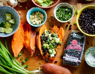 Black Bean Stuffed Sweet Potatoes featuring a bag of camellia brand black beans and various herbs and spices