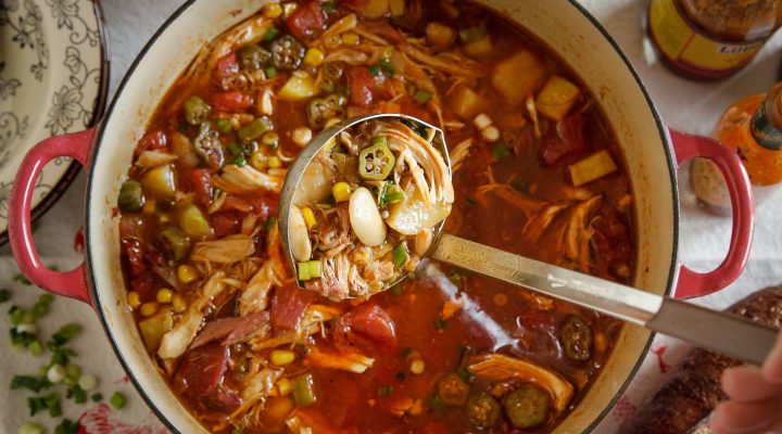 a dutch oven full of brunsick stew