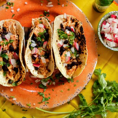 3 chicken tinga and black bean street tacos