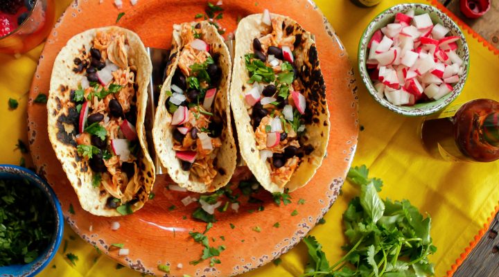 3 chicken tinga and black bean street tacos