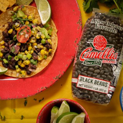 a plate of jamacian jerk black bean corn salsa