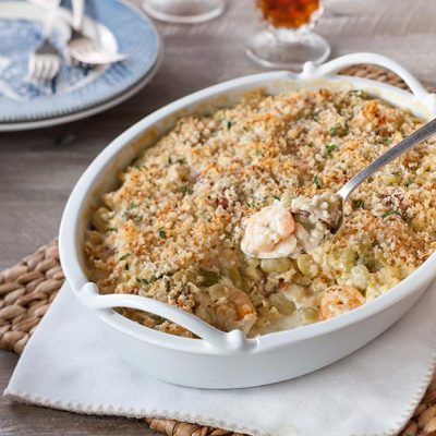 a dish of creamy green baby lima bean and shrimp casserole