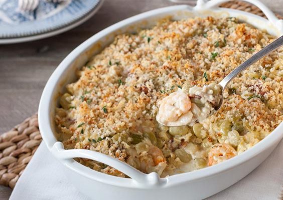 a dish of creamy green baby lima bean and shrimp casserole