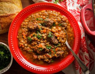 a bowl of beef lentil stew