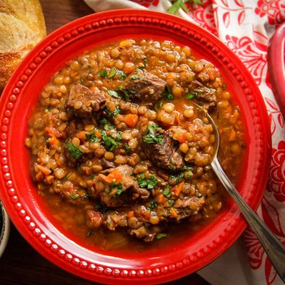 a bowl of beef lentil stew
