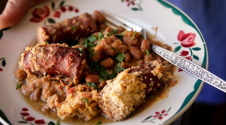 a close up of a plate of cassoulet