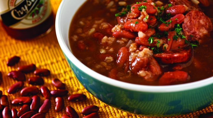 a dish of frenchmen street red beans and rice soup