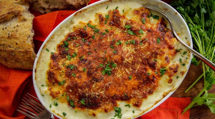 a plate of cauliflower lima bean gratin