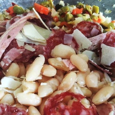 a close up of white bean salad