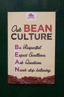 an image with text saying "our bean culture" with bean spelled out with company values