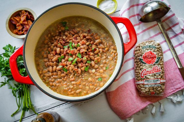 a dutch oven full of soup beans