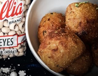a bowl of black eye pea fritters next to a package of camellia brand black eyes